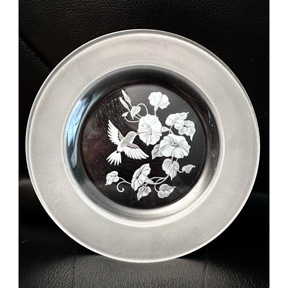 Vintage Hummingbird Frosted Etched Crystal Glass  Plates 8” Set of 2
